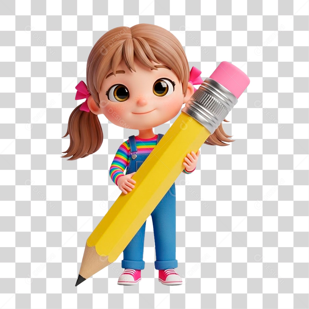 Personagem 3D Menina Segurando Lápis PNG Transparente