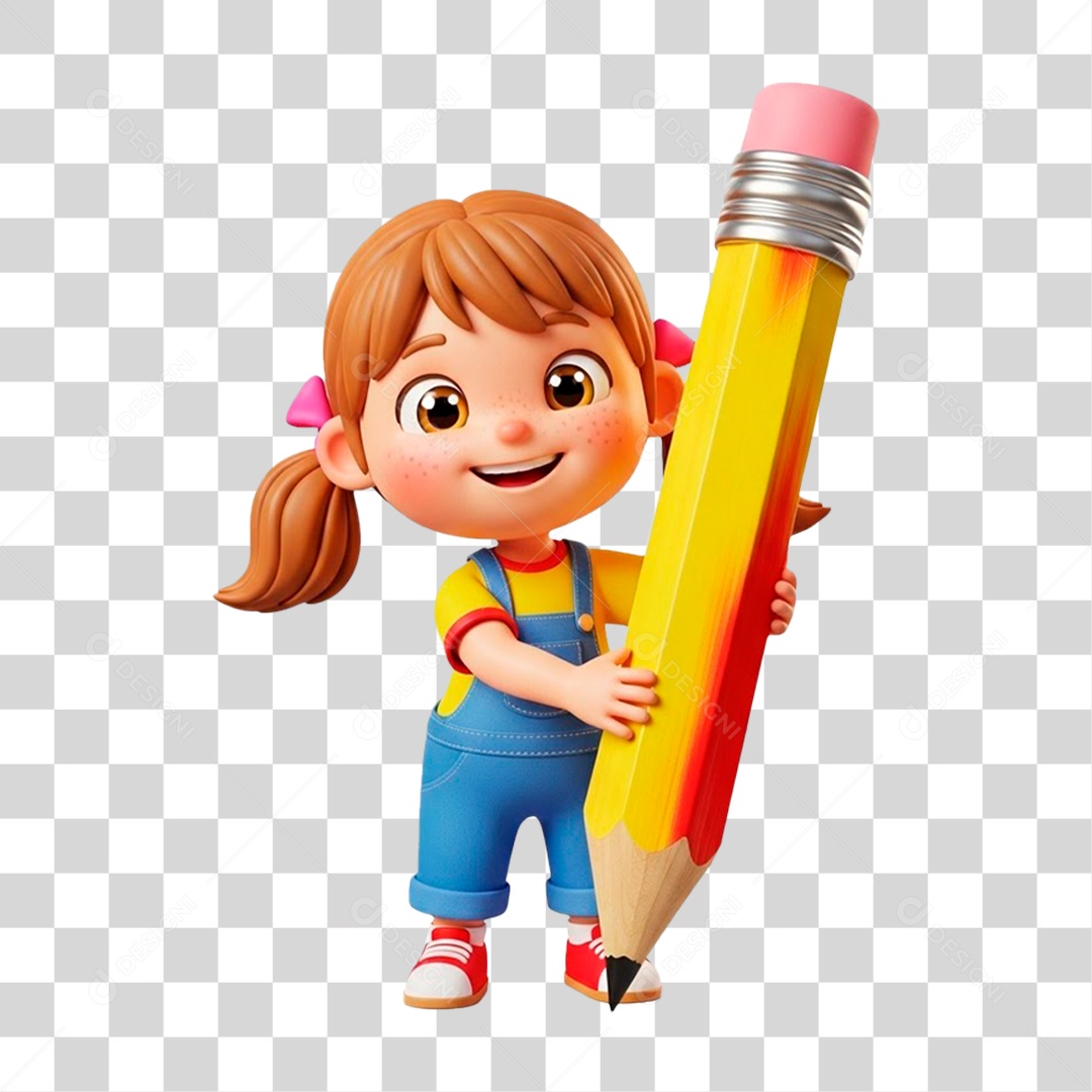 Personagem 3D Menina Segurando Lápis PNG Transparente