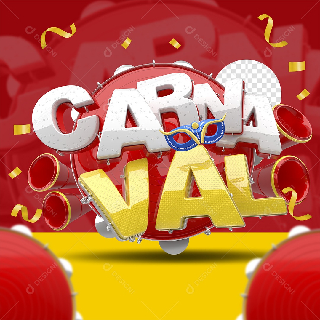 Carnaval Selo 3D Branco Dourado e Vermelho para Composição PSD