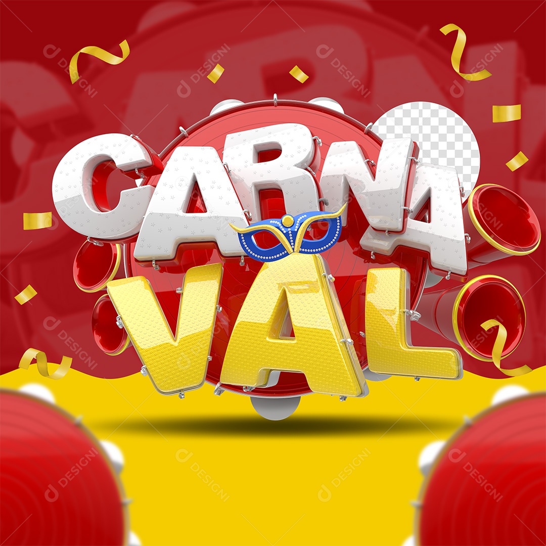 Carnaval Selo 3D Branco Dourado e Vermelho para Composição PSD