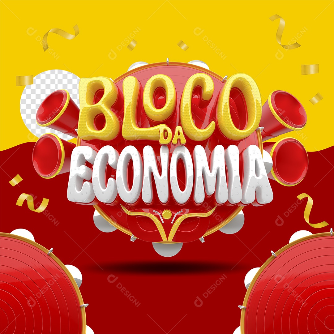 Bloco da Economia Selo 3D Amarelo e Branco para Composição PSD