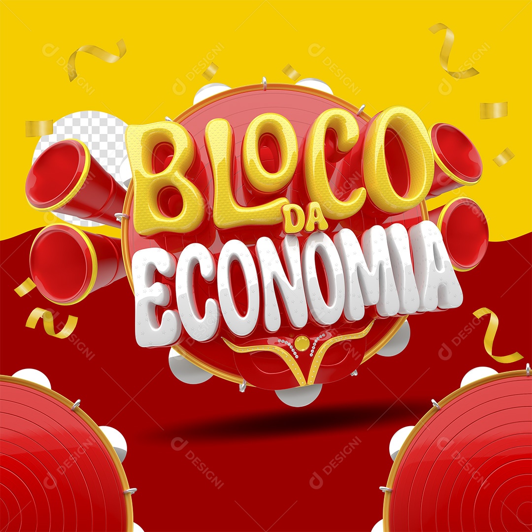 Bloco da Economia Selo 3D Amarelo e Branco para Composição PSD