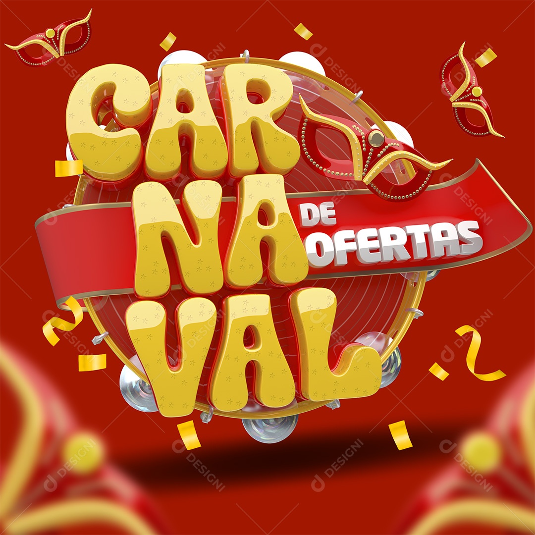 Carnaval de Ofertas Selo 3D Dourado e Vermelho para Composição PSD