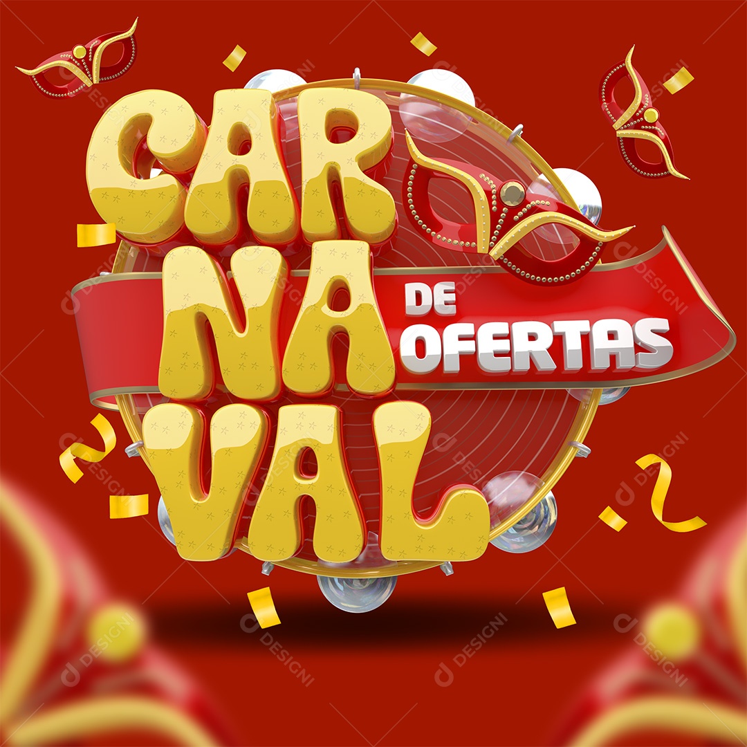 Carnaval de Ofertas Selo 3D Dourado e Vermelho para Composição PSD