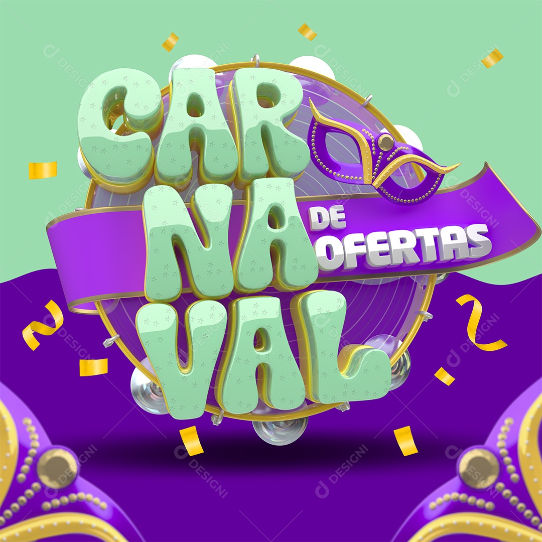 Carnaval de Ofertas Selo 3D Verde e Roxo para Composição PSD
