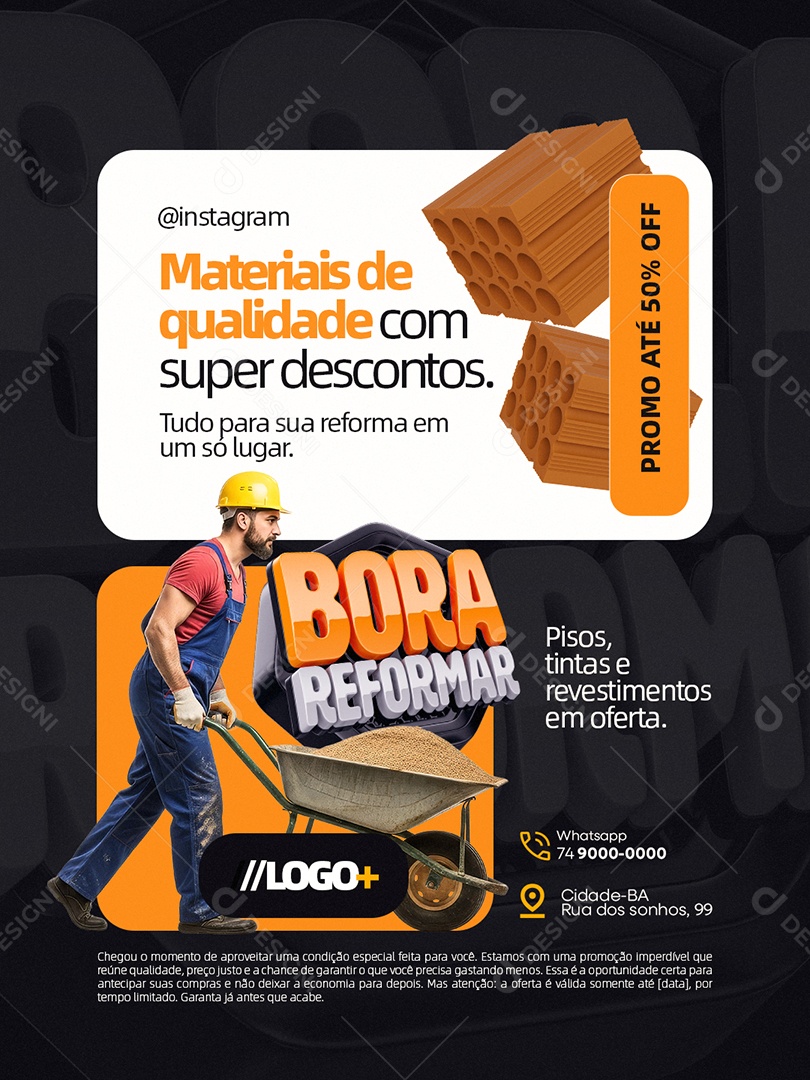 Bora Reforma Construção Materiais de Qualidade Social Media PSD Editável