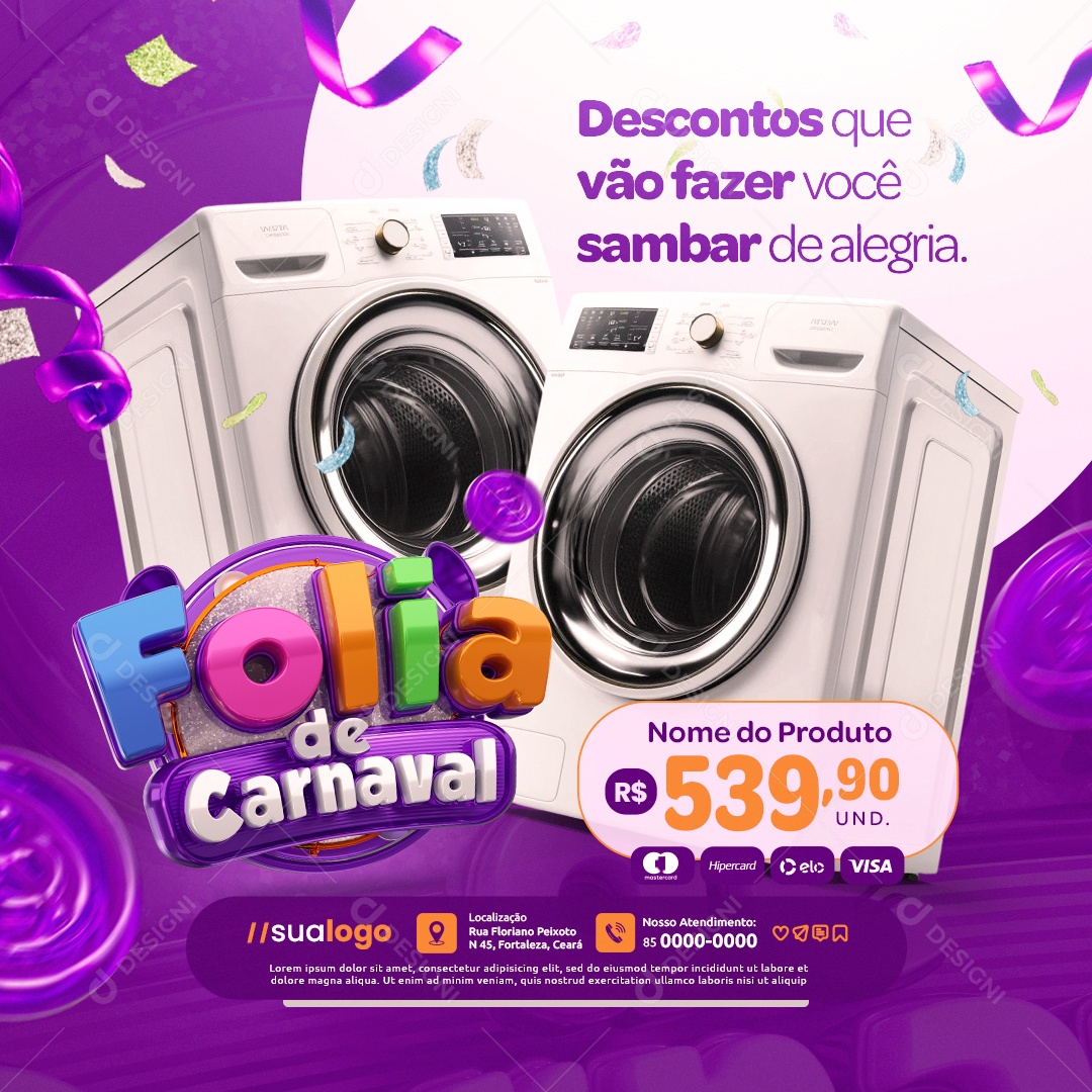 Folia de Carnaval Loja de Eletrodomésticos Máquina de Lavar Descontos Social Media PSD Editável