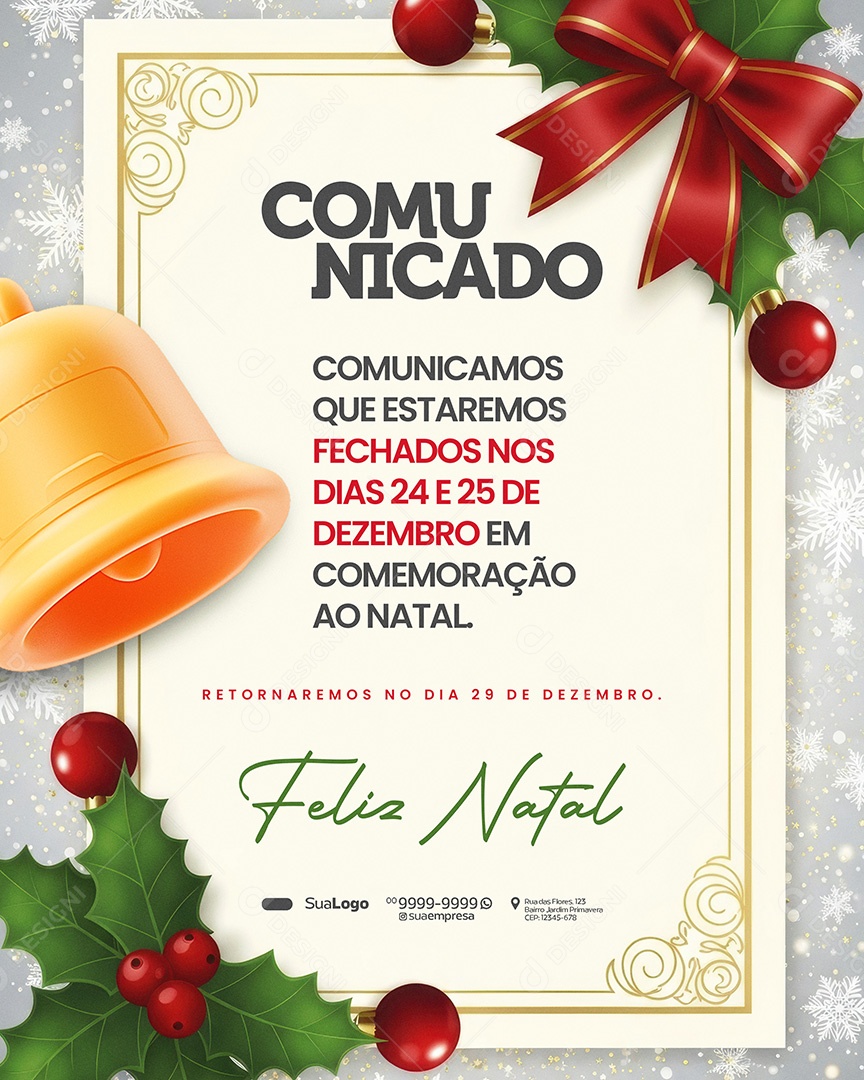 Comunicado de Natal Recesso Retornamos Social Media PSD Editável