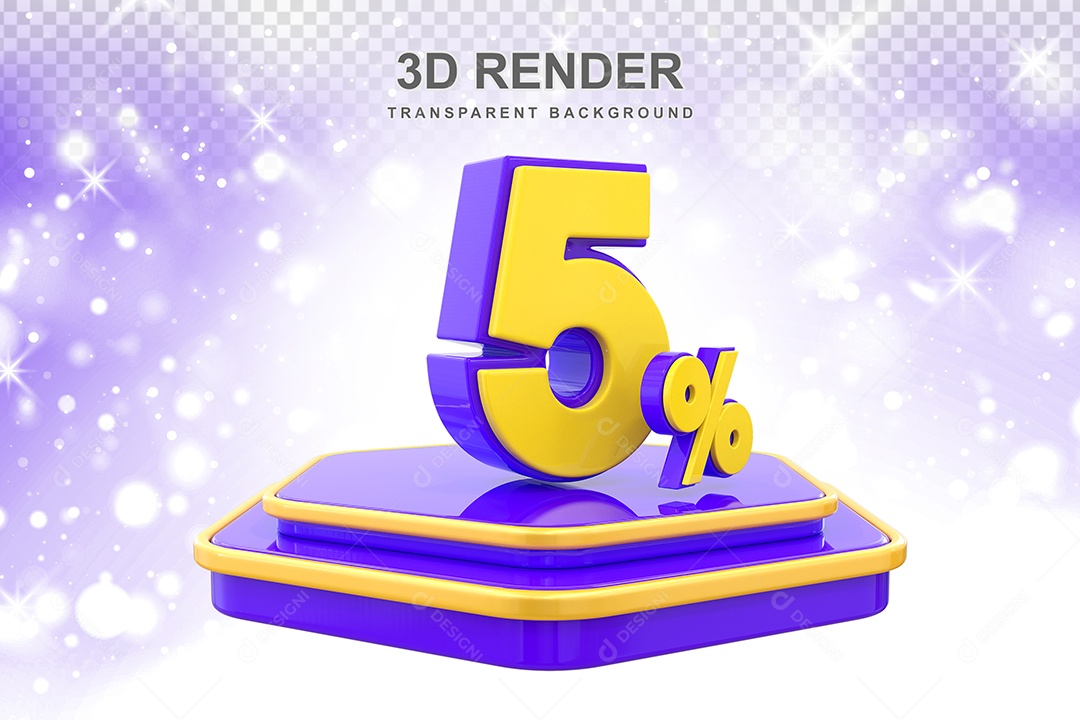 Pódio de Desconto 5% Elemento 3D Dourado e Roxo para Composição PSD