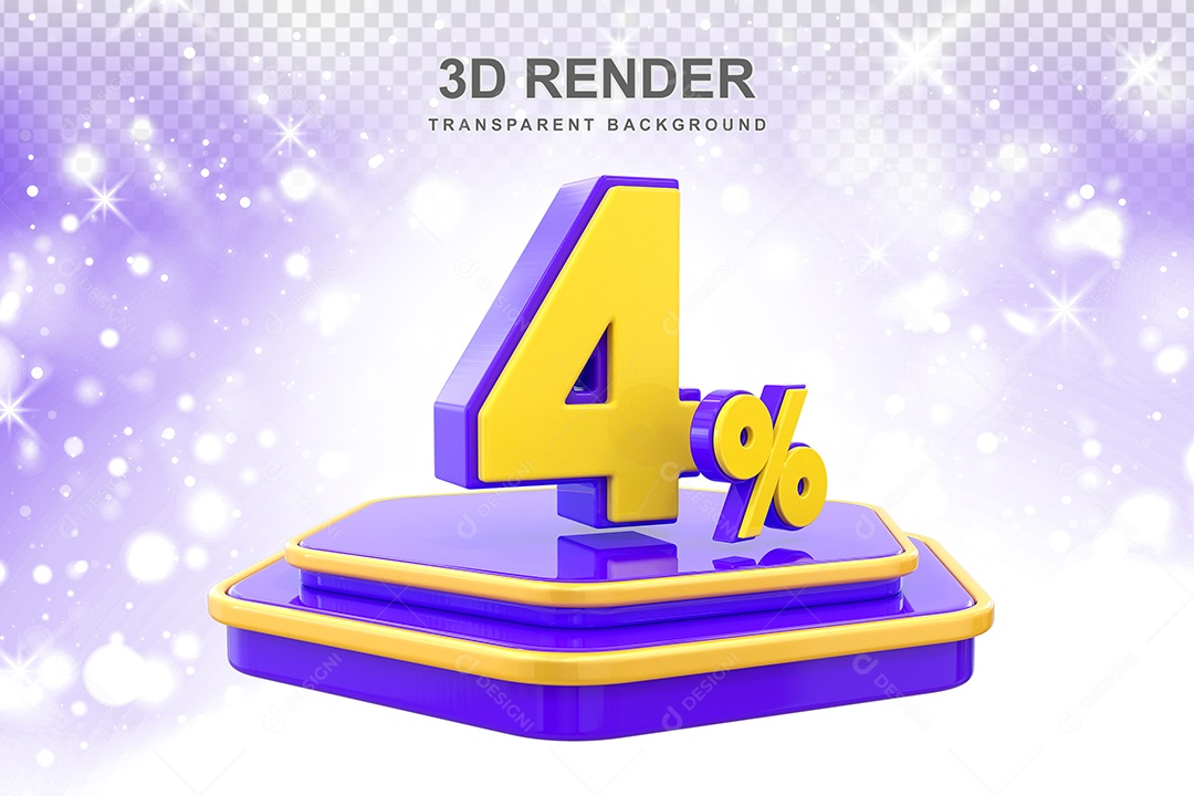 Pódio de Desconto 4% Elemento 3D Dourado e Roxo para Composição PSD