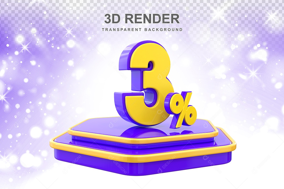 Pódio de Desconto 3% Elemento 3D Dourado e Roxo para Composição PSD