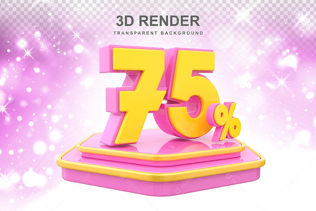 Pódio de Desconto 75% Elemento 3D Dourado e Rosa para Composição PSD