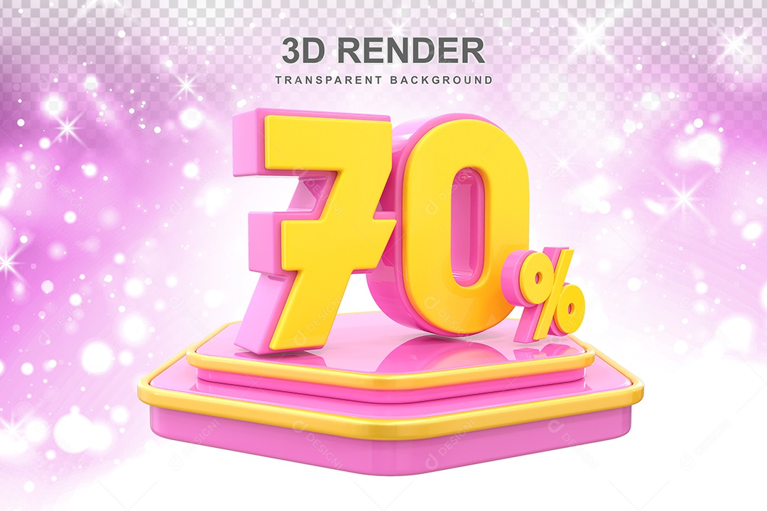 Pódio de Desconto 70% Elemento 3D Dourado e Rosa para Composição PSD