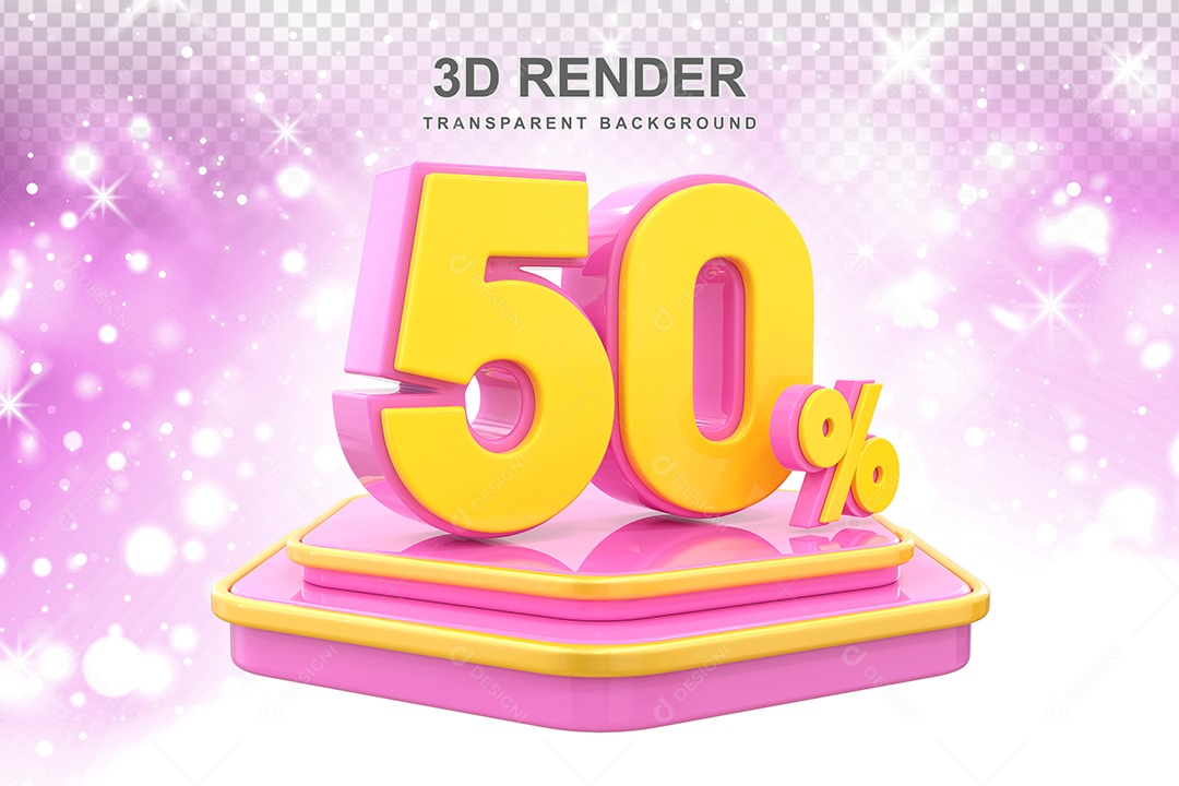 Pódio de Desconto 50% Elemento 3D Dourado e Rosa para Composição PSD