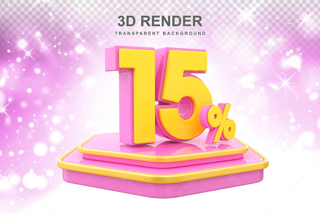 Pódio de Desconto 15% Elemento 3D Dourado e Rosa para Composição PSD