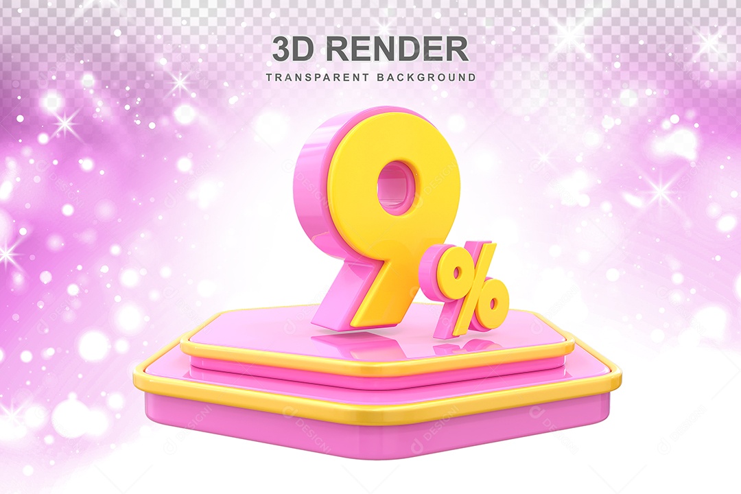 Pódio de Desconto 9% Elemento 3D Dourado e Rosa para Composição PSD