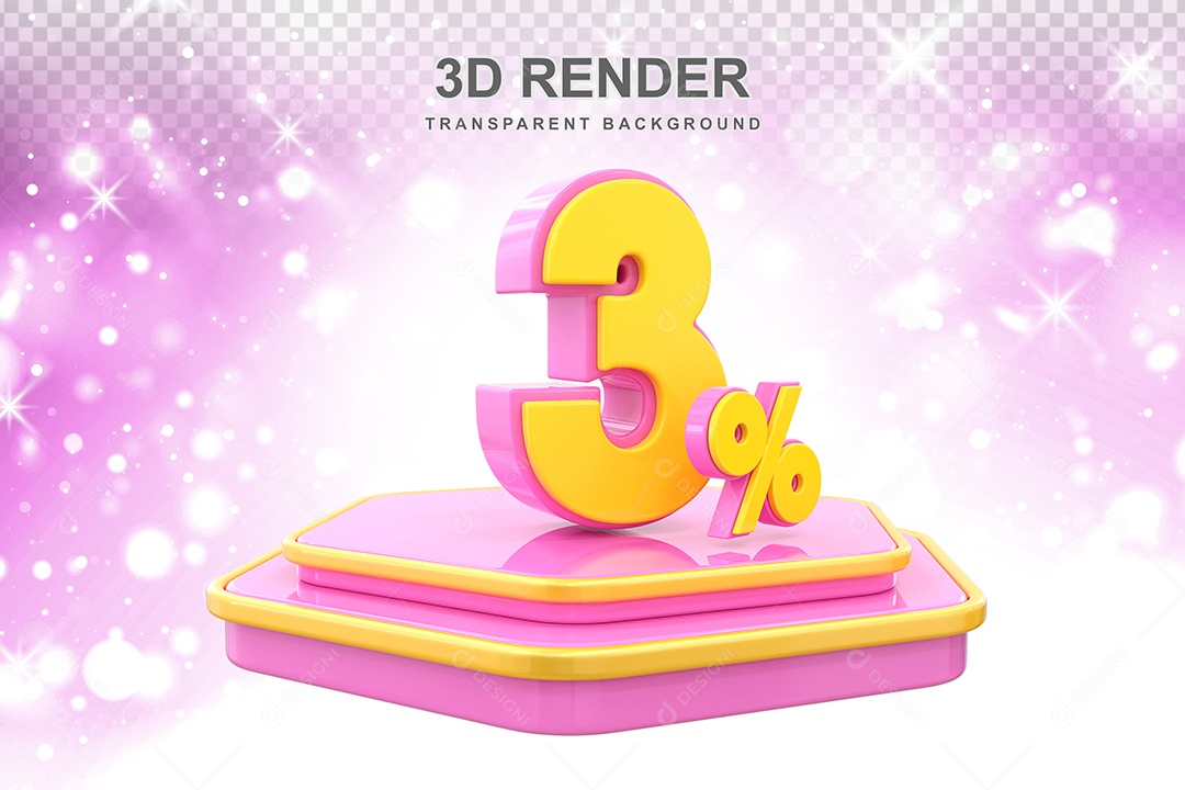 Pódio de Desconto 3% Elemento 3D Dourado e Rosa para Composição PSD
