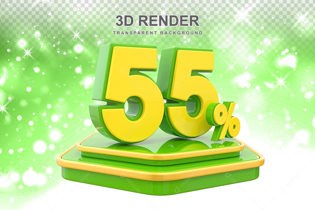 Pódio de Desconto 55% Elemento 3D Dourado e Verde para Composição PSD