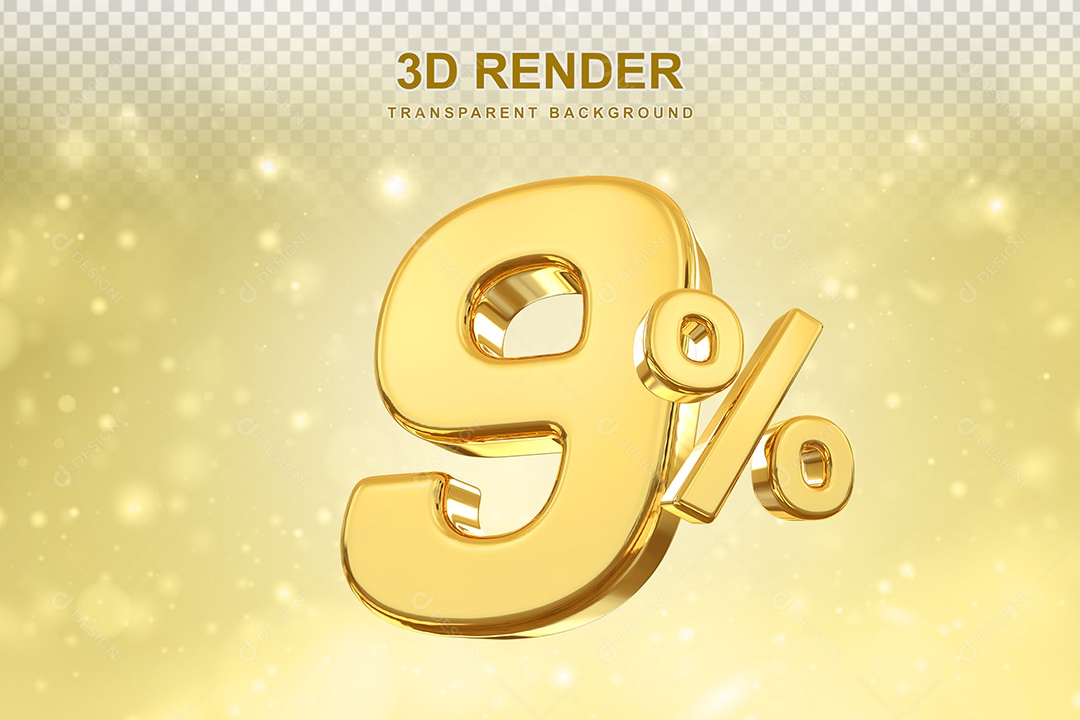 Número de Desconto 9% Elemento 3D Dourado para Composição PSD
