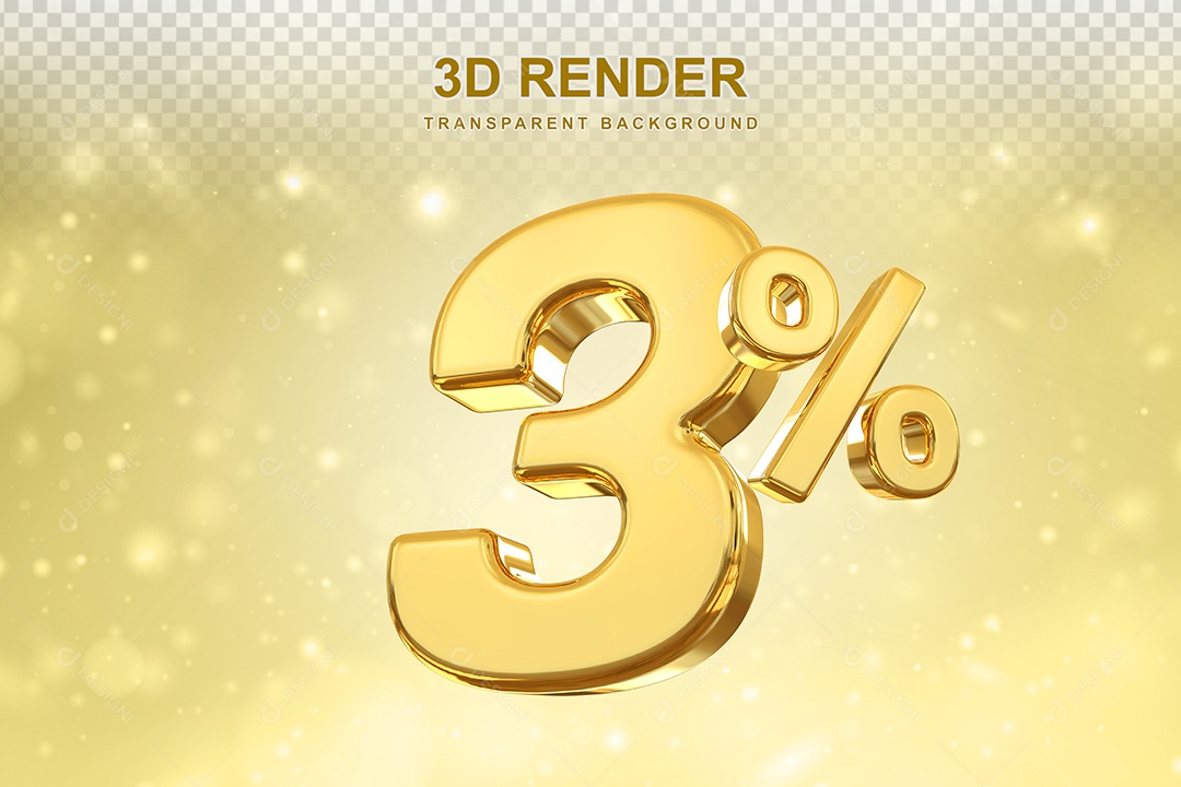 Número de Desconto 3% Elemento 3D Dourado para Composição PSD
