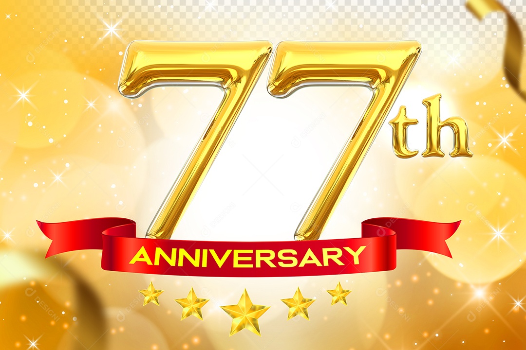 Número 77º Aniversário Elemento 3D Dourado para Composição PSD