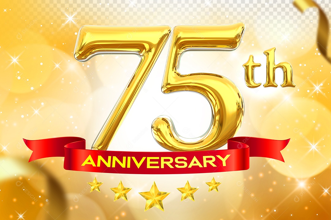 Número 75º Aniversário Elemento 3D Dourado para Composição PSD