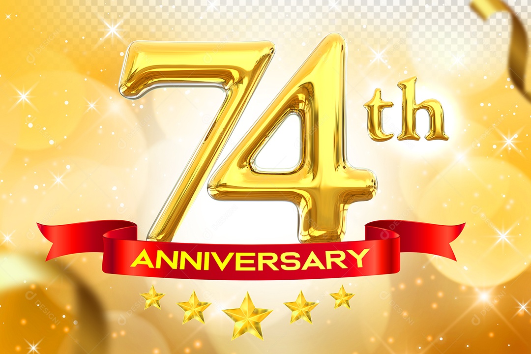 Número 74º Aniversário Elemento 3D Dourado para Composição PSD