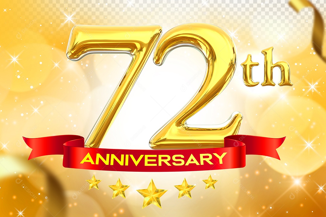 Número 72º Aniversário Elemento 3D Dourado para Composição PSD