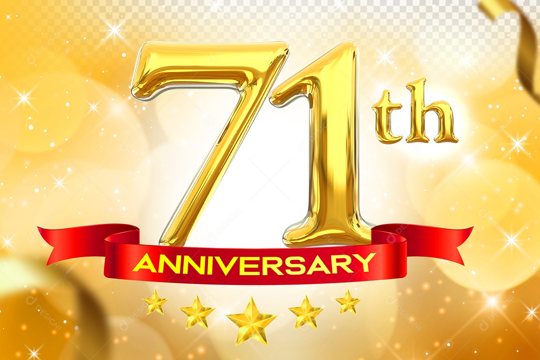 Número 71º Aniversário Elemento 3D Dourado para Composição PSD