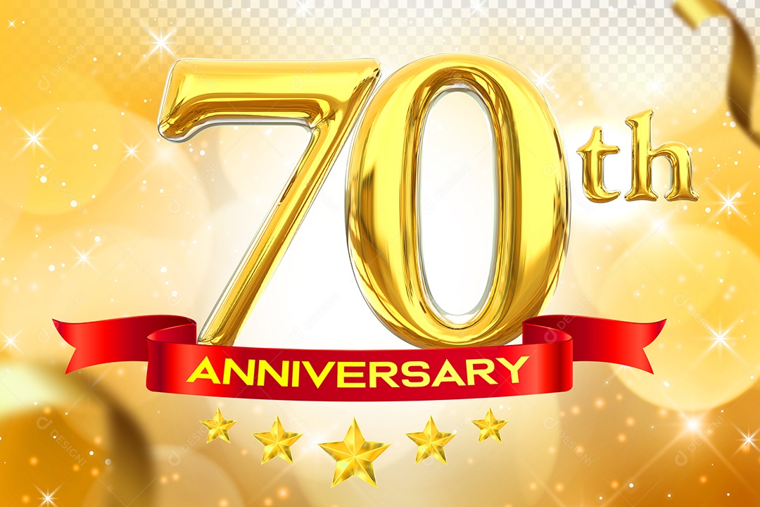 Número 70º Aniversário Elemento 3D Dourado para Composição PSD