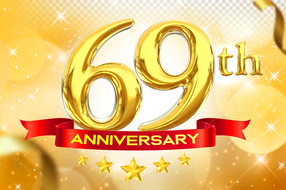 Número 69º Aniversário Elemento 3D Dourado para Composição PSD