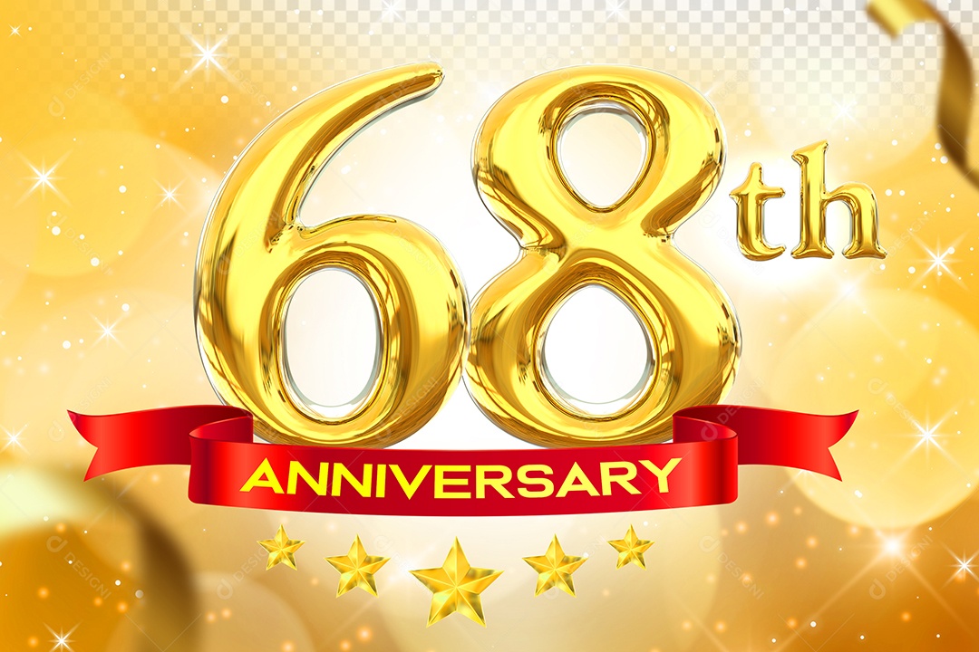 Número 68º Aniversário Elemento 3D Dourado para Composição PSD