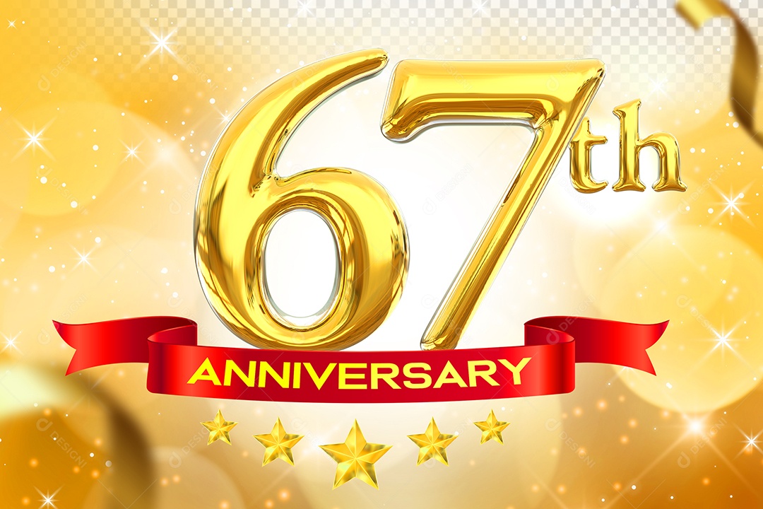 Número 67º Aniversário Elemento 3D Dourado para Composição PSD