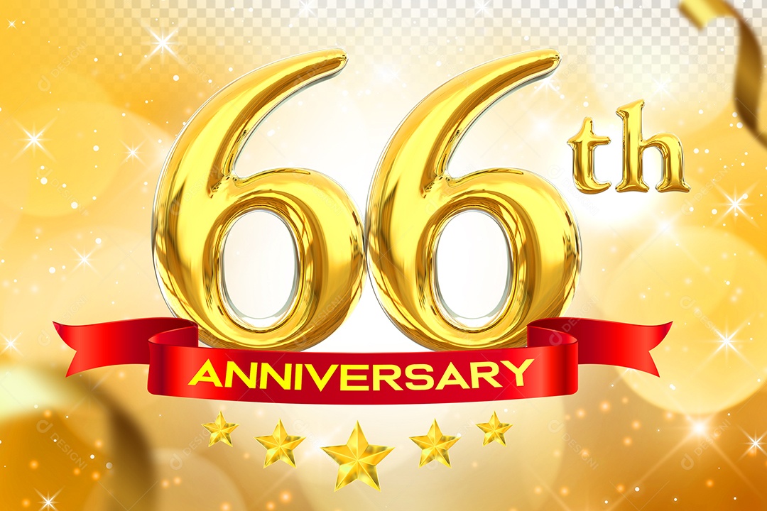Número 66º Aniversário Elemento 3D Dourado para Composição PSD