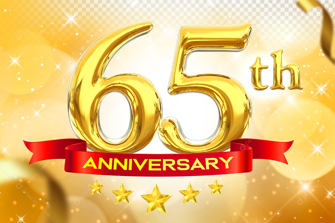 Número 65º Aniversário Elemento 3D Dourado para Composição PSD