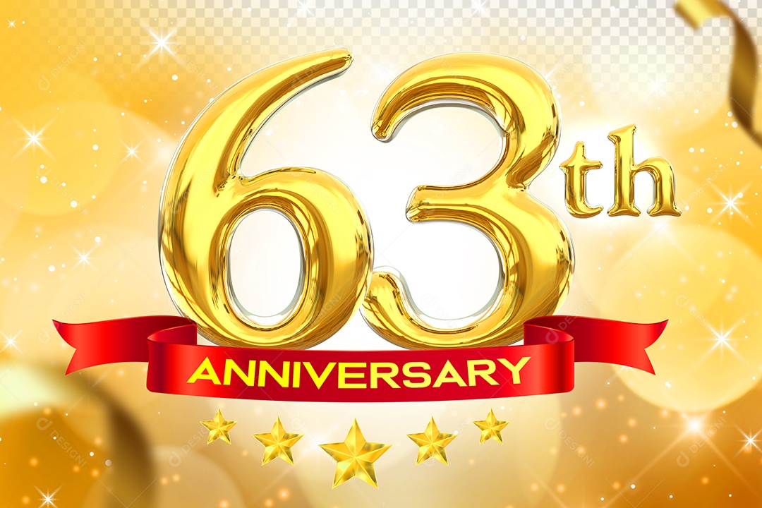 Número 63º Aniversário Elemento 3D Dourado para Composição PSD