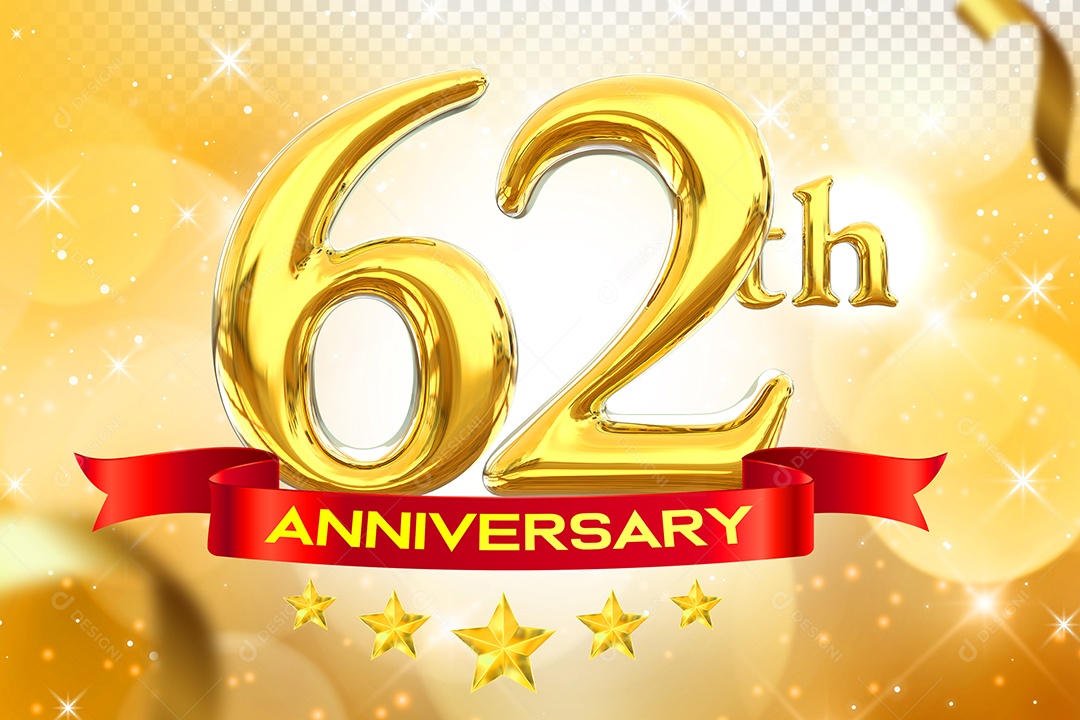 Número 62º Aniversário Elemento 3D Dourado para Composição PSD