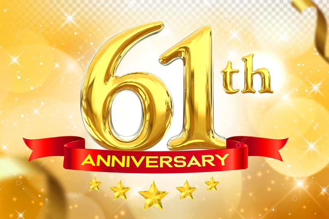 Número 61º Aniversário Elemento 3D Dourado para Composição PSD