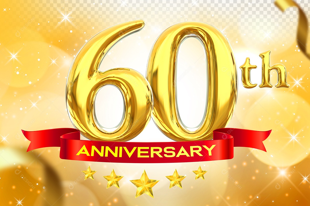 Número 60º Aniversário Elemento 3D Dourado para Composição PSD