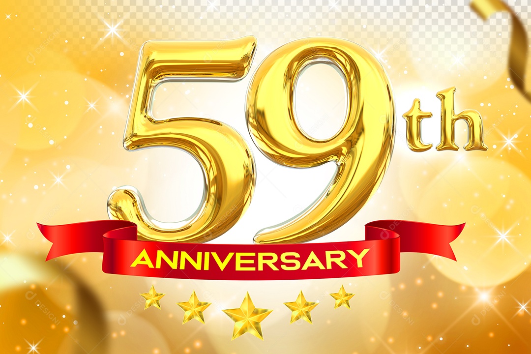 Número 59º Aniversário Elemento 3D Dourado para Composição PSD