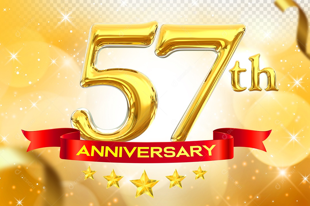 Número 57º Aniversário Elemento 3D Dourado para Composição PSD