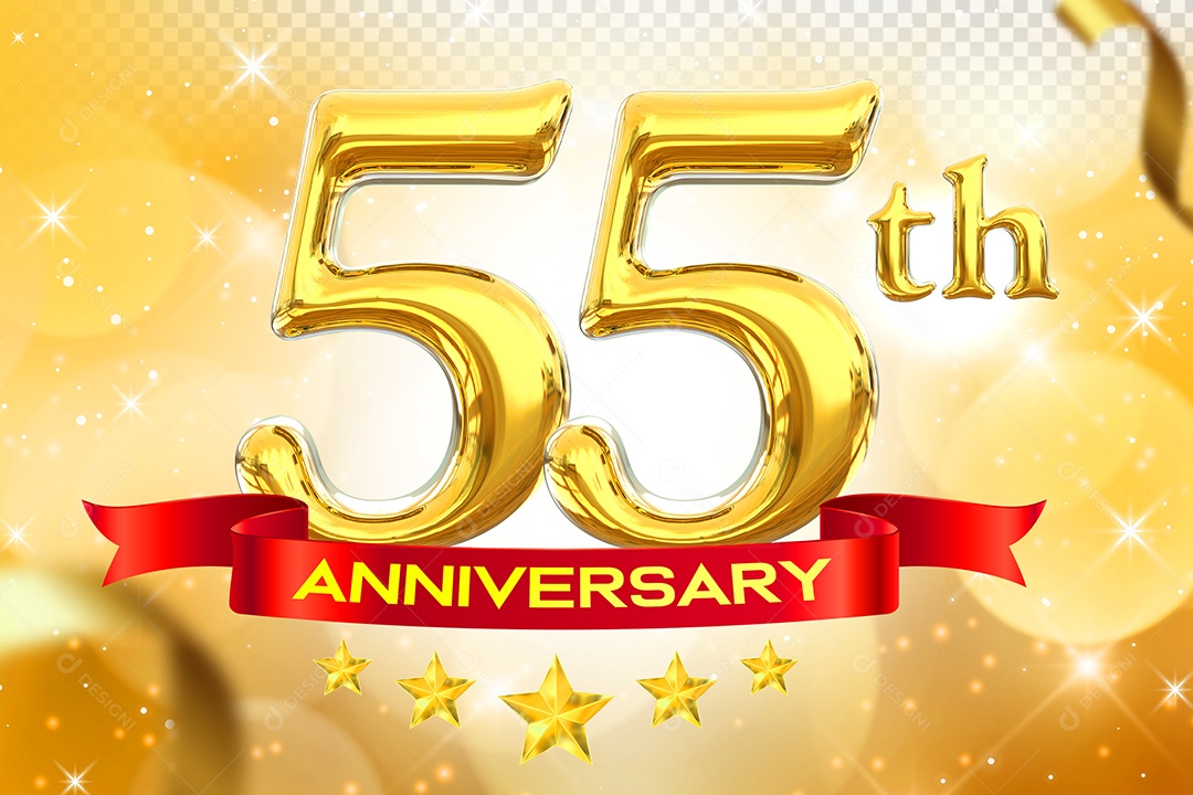 Número 55º Aniversário Elemento 3D Dourado para Composição PSD