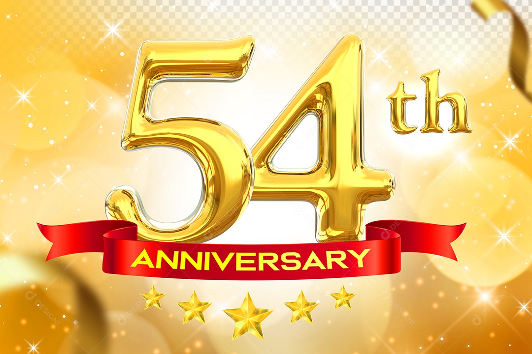Número 54º Aniversário Elemento 3D Dourado para Composição PSD