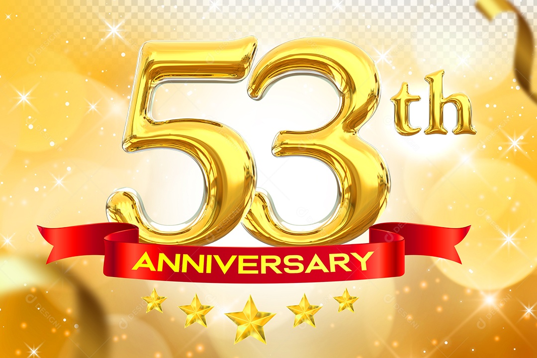 Número 53º Aniversário Elemento 3D Dourado para Composição PSD