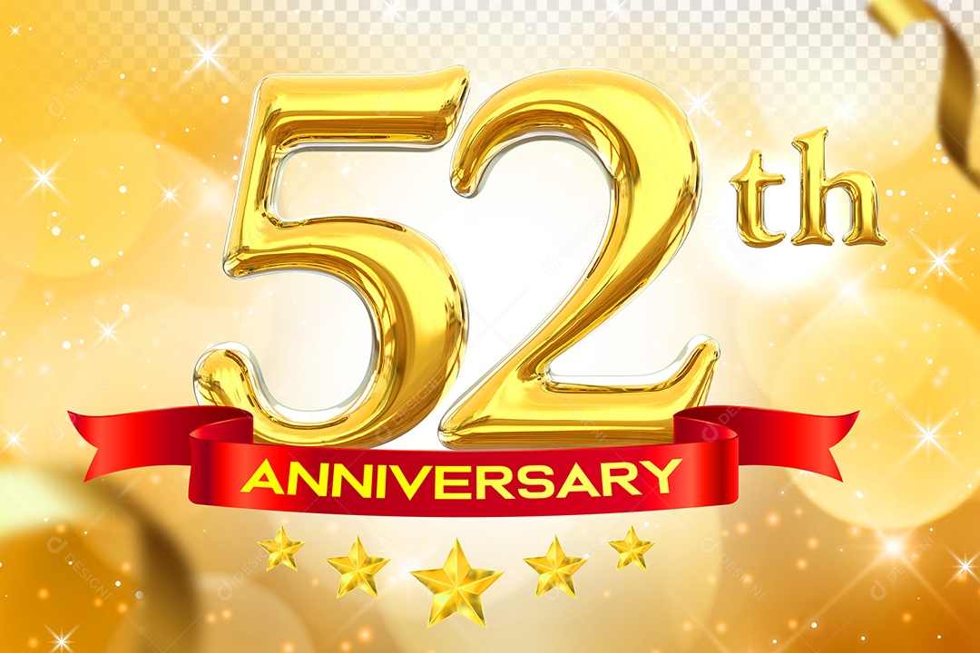 Número 52º Aniversário Elemento 3D Dourado para Composição PSD