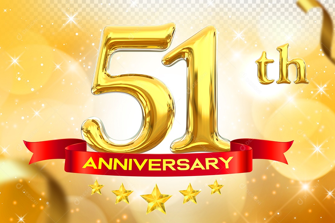 Número 51º Aniversário Elemento 3D Dourado para Composição PSD