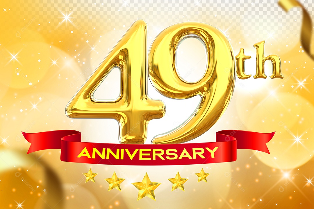 Número 49º Aniversário Elemento 3D Dourado para Composição PSD
