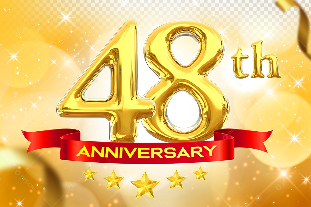 Número 48º Aniversário Elemento 3D Dourado para Composição PSD