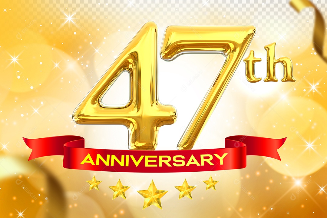 Número 47º Aniversário Elemento 3D Dourado para Composição PSD