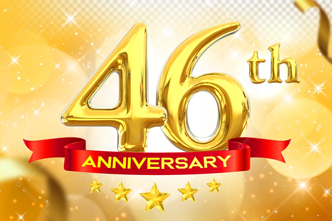 Número 46º Aniversário Elemento 3D Dourado para Composição PSD